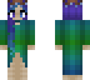 female elf - purple fade blue hair - long green fade blue dress