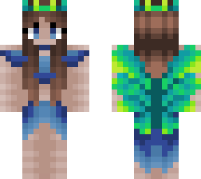 girl - neon green wings - brunette - blue dress