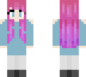 blue dress, pink hair