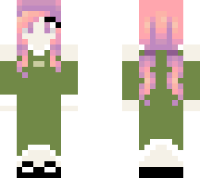 purple haired girl in olive green dress