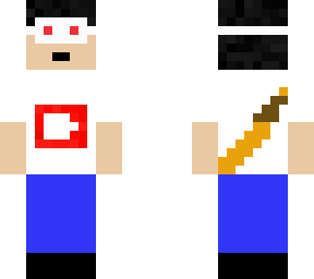 guy with youtube shirt goggles and golden sword on back