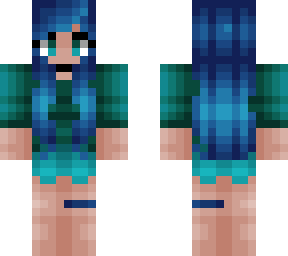 girl - green & blue - blue shorts - long curly blue sea hair