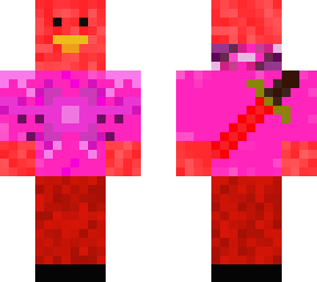 red duck with sword on back