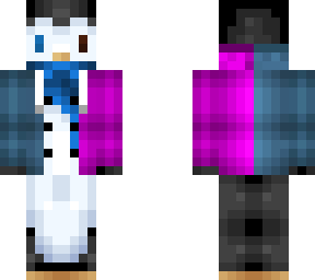 multi-coloured eyed penguin with blue and pink jumper