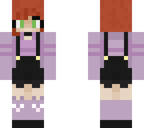 girl in black short dungarees purple shirt red head cute