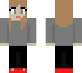 grey shirt, red shoes girl