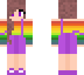 rainbow sweater, purple overalls, brown hair