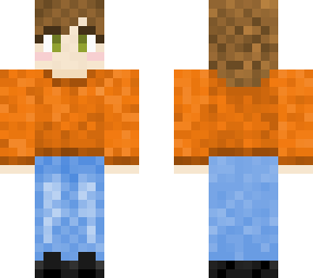 brown hair green eyes orange sweater and blue jeans