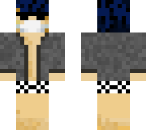 blue haired man w/ off white underwear and a mask