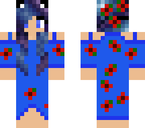 galaxy hair in blue dress with red flowers