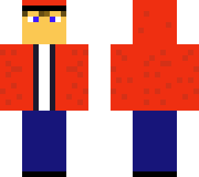 boy with brown hair, red jacket, blue pants