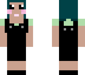 black overall dress girl with greenish hair