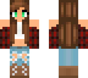beautiful girl with ripped jeans and a lumber jack shirt.