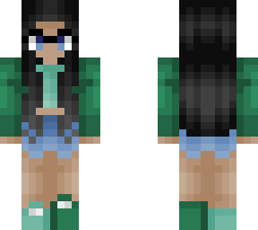 girl - black hair nerd - green jacket - shorts & shoes