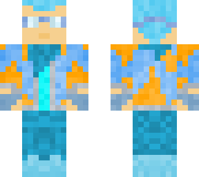 orange and blue cammo jacket with goggles and bandaner