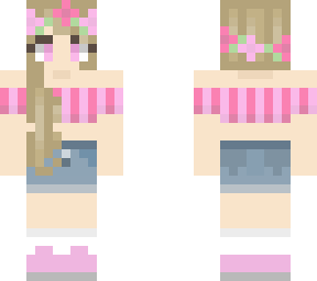 blonde wearing pink crop top with a jean skirt and sneakers with white socks