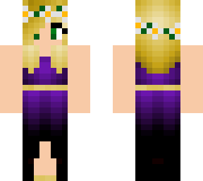 blodne hair purple dress gold shoes