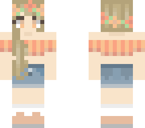 blonde wearing orange crop top with a jean skirt and sneakers with white socks