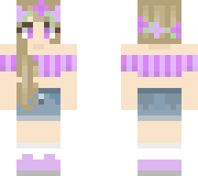 blonde wearing purple crop top with a jean skirt and sneakers with white socks