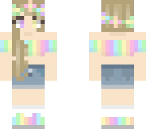 blonde wearing rainbow crop top with a jean skirt and sneakers with white socks