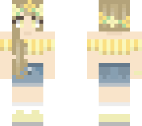 blonde wearing yellow crop top with a jean skirt and sneakers with white socks