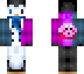 blue scarfed penguin with blue/pink gradient jumper with kirby on back