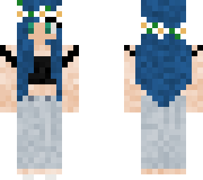 bluehaired girl with blue eyes and cropped offshoulder black top and flowercrown
