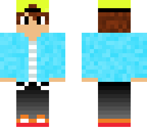 boy in blue jacket and white/gray stripes t-shirt