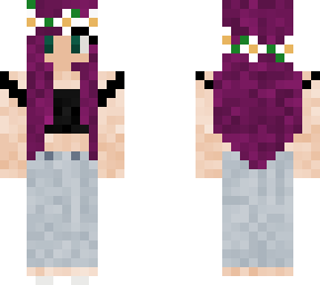 girl with purple hair and greenblue eyes with grey sweatpants and a black top.