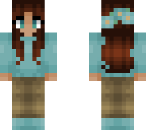 girl - dark brunette hair - casual cyan sweater
