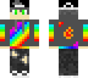rainbow hoodie with dark ripped jeans and fire ball on back