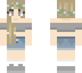 blonde wearing gray crop top with a jean skirt and sneakers with white socks