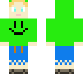 boy with green smiley hoodie and blue shorts.