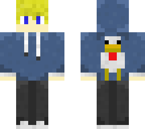 blonde boy, chicken hoodie (with hood up)