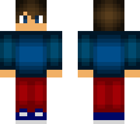 blue shirt and red pants
