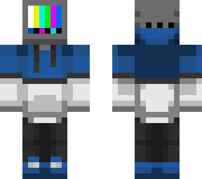 tv head in blue and white hoodie