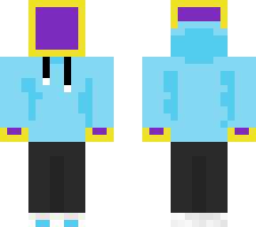 purple and yellow with blue sweater