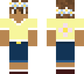yellow shirt, blue and white flower frown mrpiguss