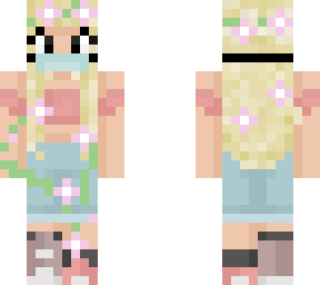 blond haired girlpink shirt, jeans, mask, sneakers <3