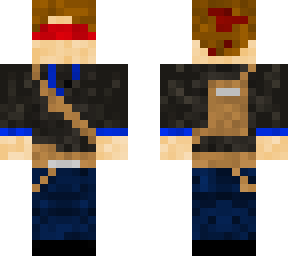 red bandana, blue satchel, brown hair, and blue and black clothes