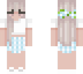 blue skirt with white t-shirt and blond hair