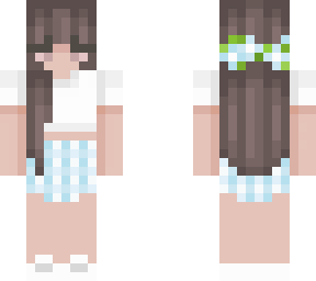 blue skirt with white t-shirt and brown hair