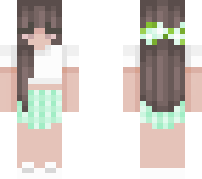 green skirt with white t-shirt and brown hair