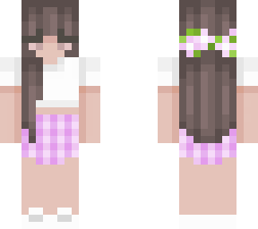 purple skirt with white t-shirt and brown hair