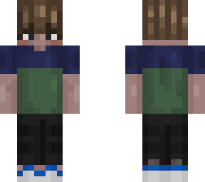 brown hair, black pants and blue green t-shirt