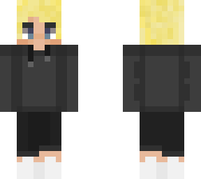 blond hair, black hoodie & jeans, white air forces (kekw)