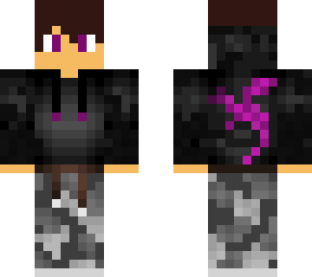 camo pants, black/purple hoodie