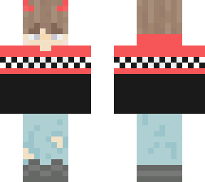 echo (red,black sweater; ripped pants)