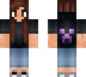 brunette hair, purple creeper sweater