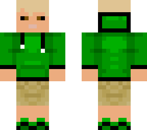 blonde teen boy in green hoodie and khaki shorts